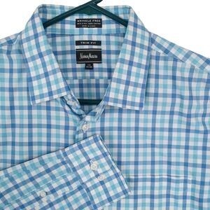 Neiman Marcus Men's Button Shirt 17.5x34/35 XL Blue Gingham Trim No Wrinkle